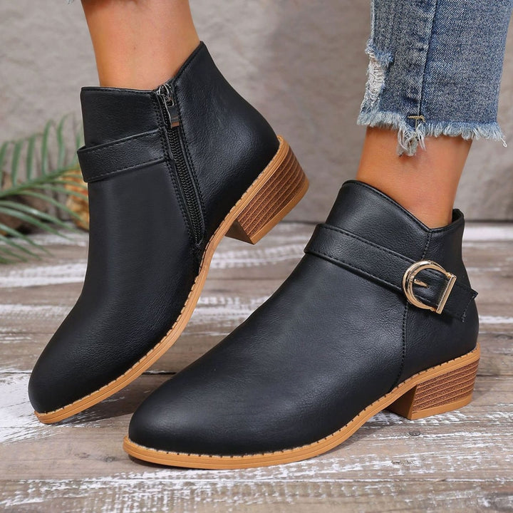 Women's Faux Leather Side-Zip Buckle Ankle Boots - Black