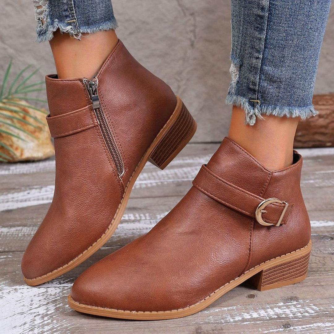 Women's Faux Leather Side-Zip Buckle Ankle Boots - Brown
