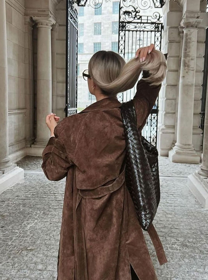 Women's Faux Suede Belted Longline Trench Coat, Brown