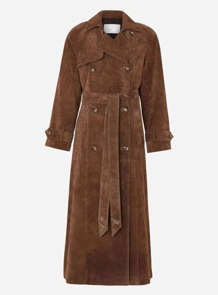 Women's Faux Suede Belted Longline Trench Coat, Brown