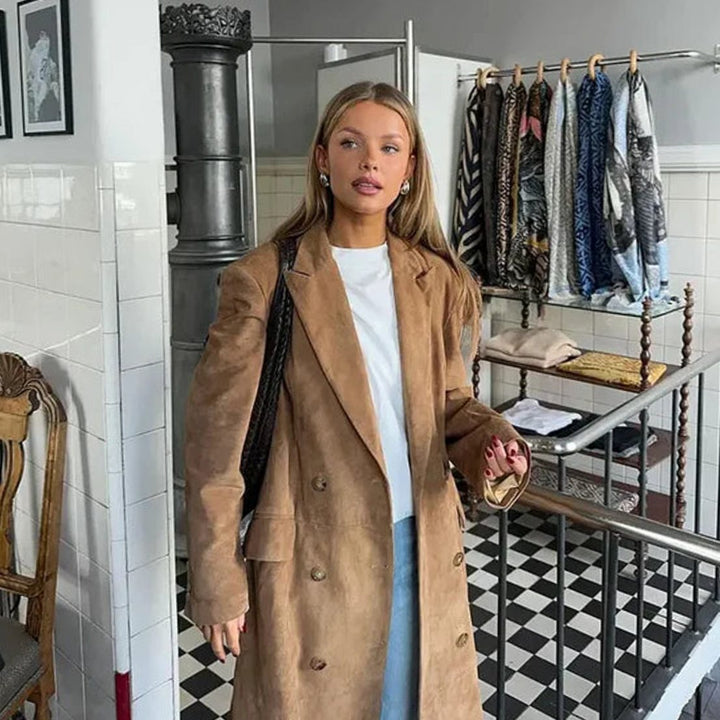 Women's Faux Suede Belted Longline Trench Coat, Brown