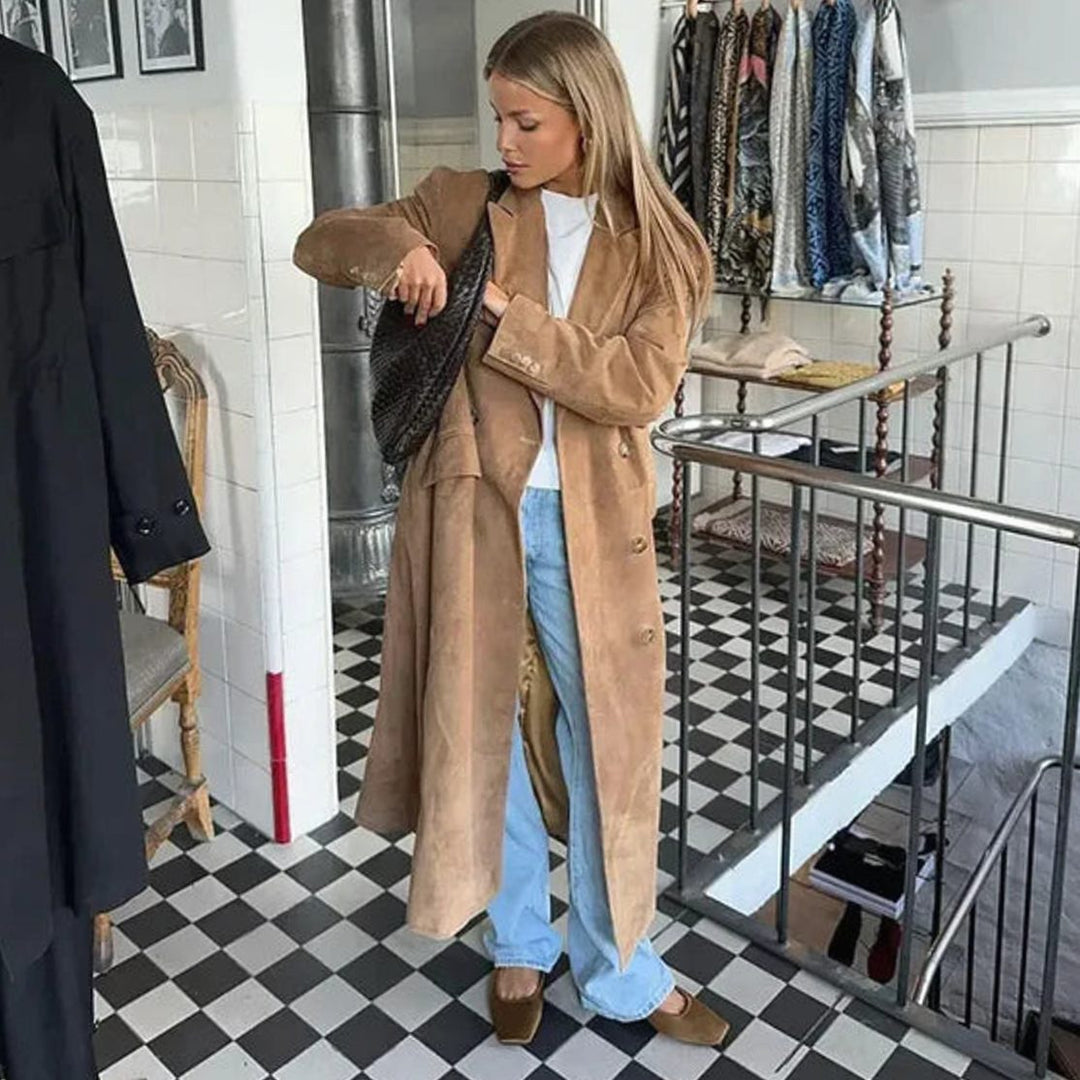 Women's Faux Suede Belted Longline Trench Coat, Brown