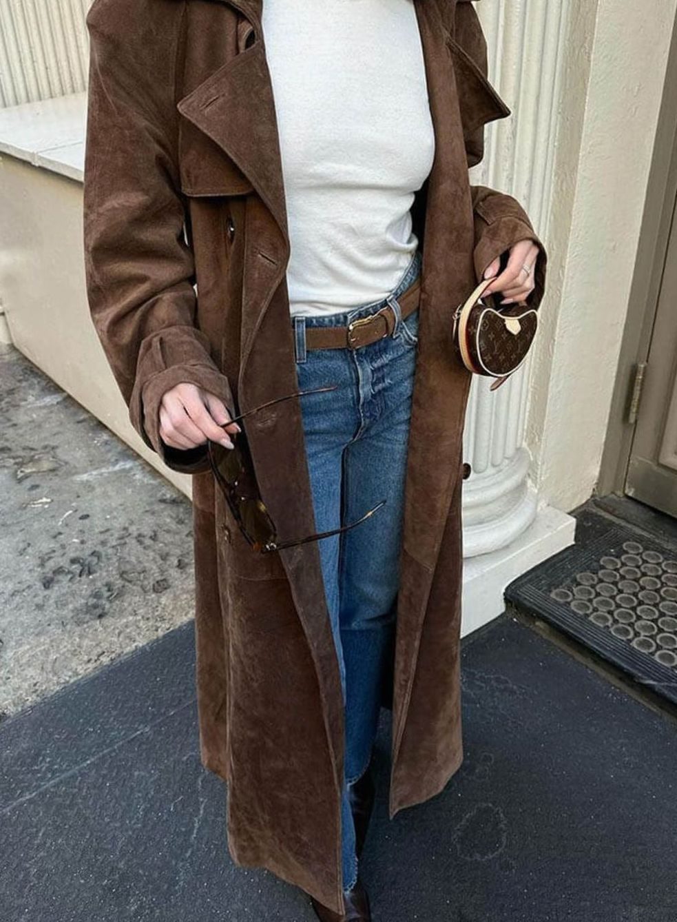 Women's Faux Suede Belted Longline Trench Coat, Brown - Brown