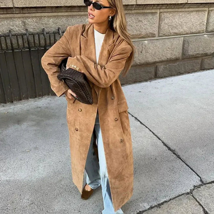 Women's Faux Suede Belted Longline Trench Coat, Brown - Light Brown