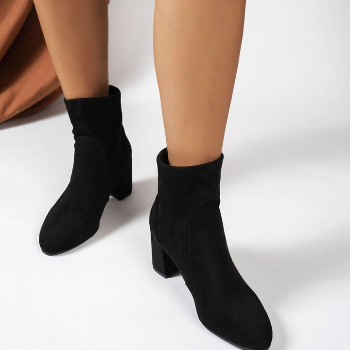 Women's Faux Suede Block Heel Pointed-Toe Ankle Boots - Black