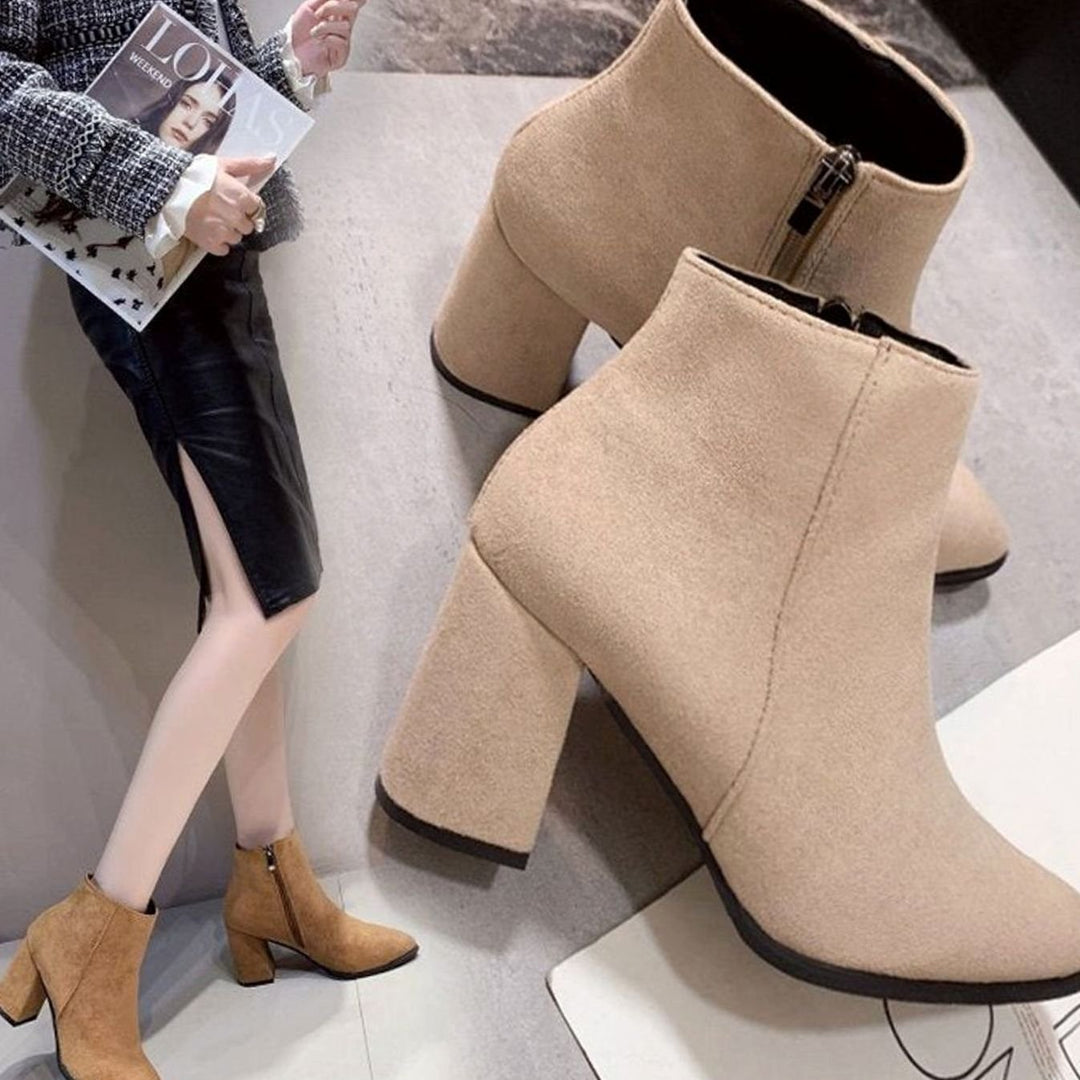 Women's Faux Suede Block Heel Pointed-Toe Ankle Boots, Beige