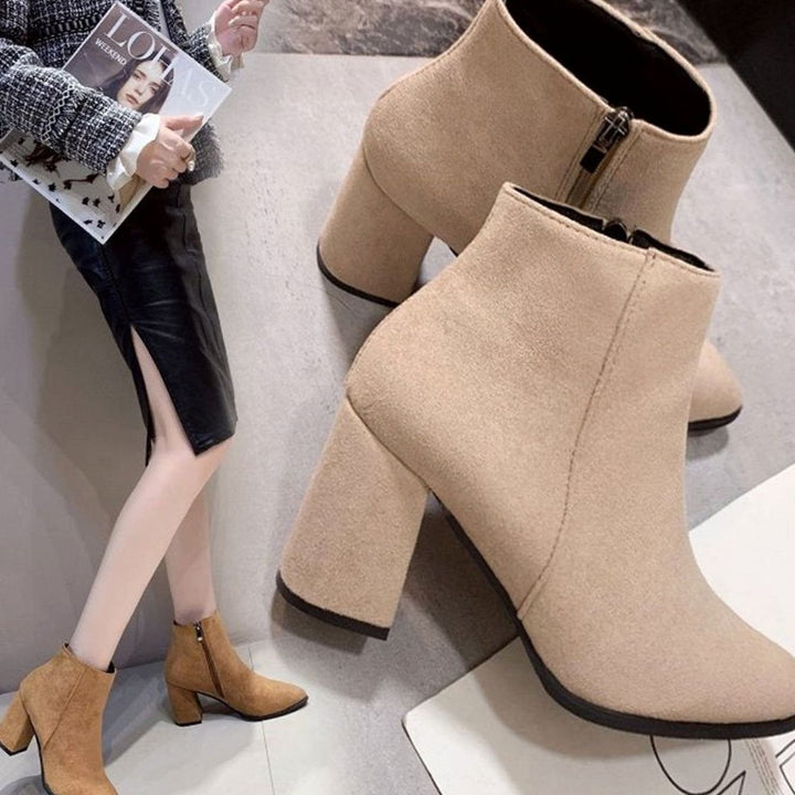 Women's Faux Suede Block Heel Pointed-Toe Ankle Boots, Beige