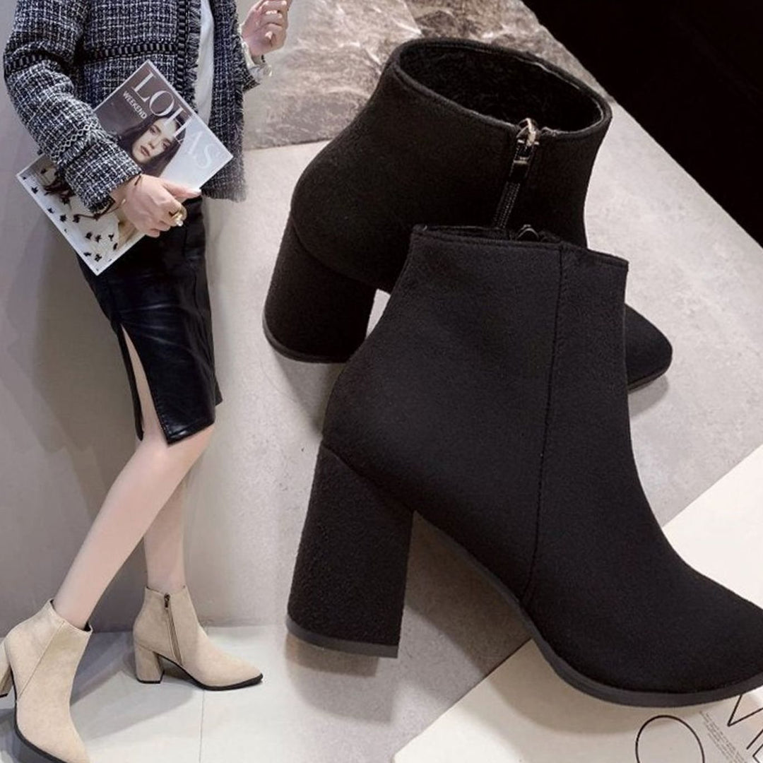 Women's Faux Suede Block Heel Pointed-Toe Ankle Boots, Beige