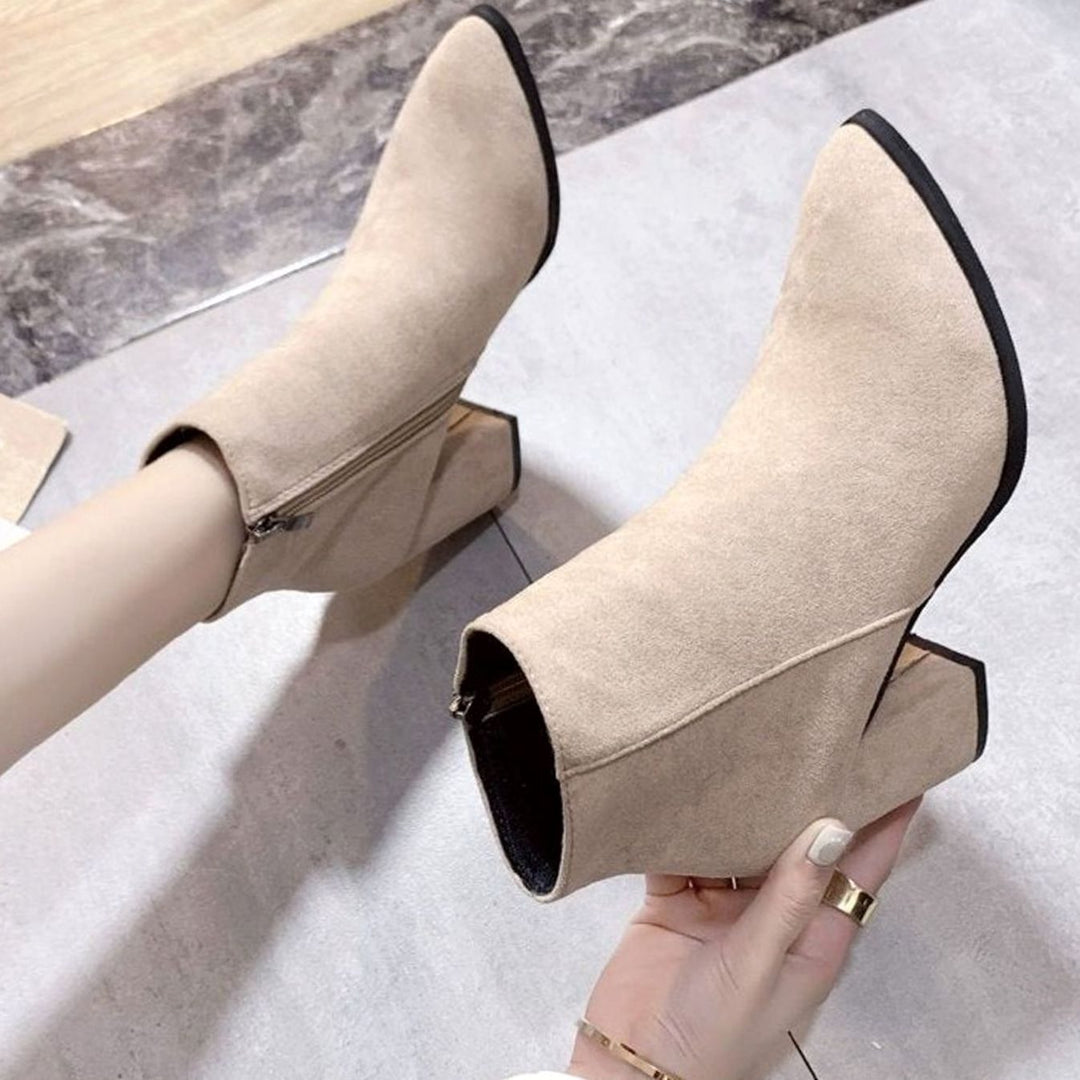 Women's Faux Suede Block Heel Pointed-Toe Ankle Boots, Beige