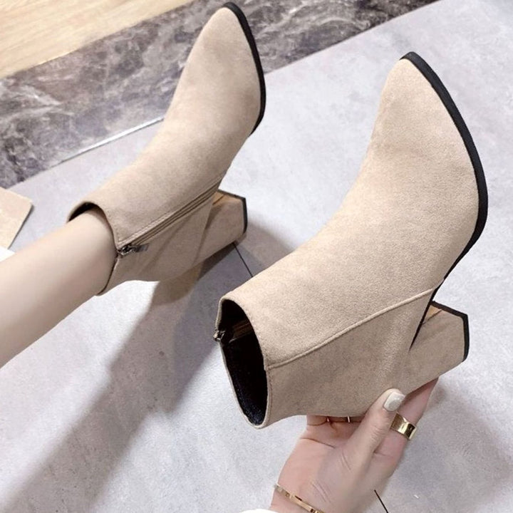 Women's Faux Suede Block Heel Pointed-Toe Ankle Boots, Beige