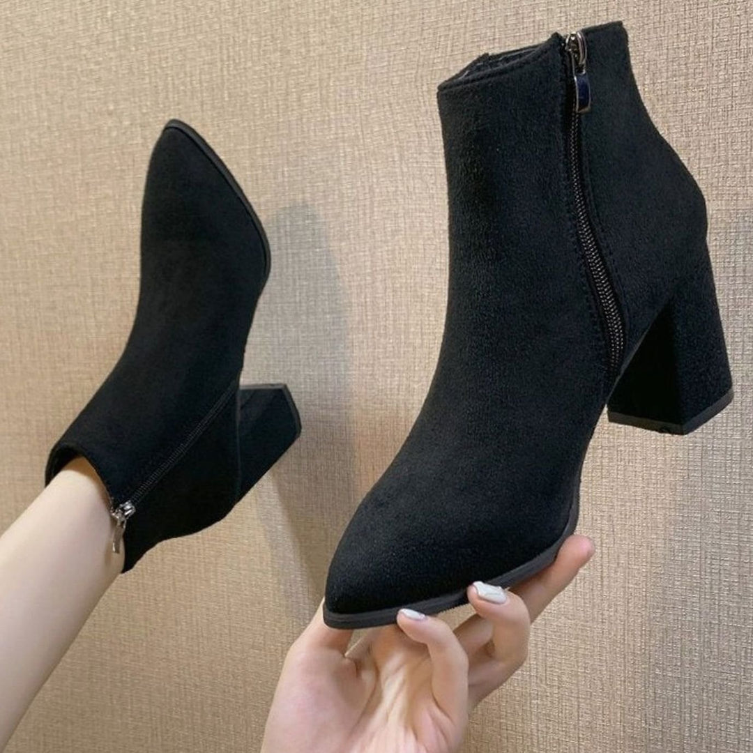 Women's Faux Suede Block Heel Pointed-Toe Ankle Boots, Beige