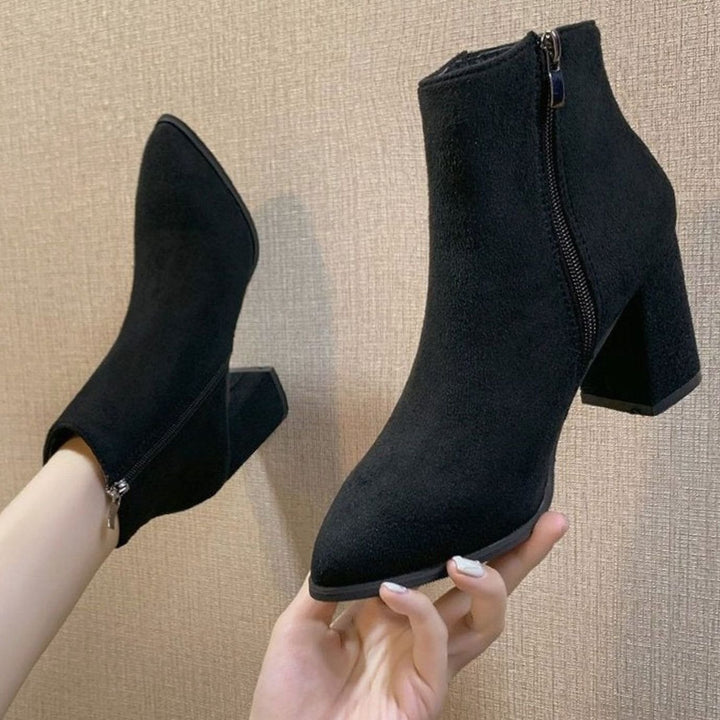 Women's Faux Suede Block Heel Pointed-Toe Ankle Boots, Beige