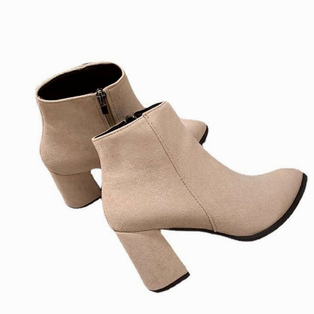 Women's Faux Suede Block Heel Pointed-Toe Ankle Boots, Beige