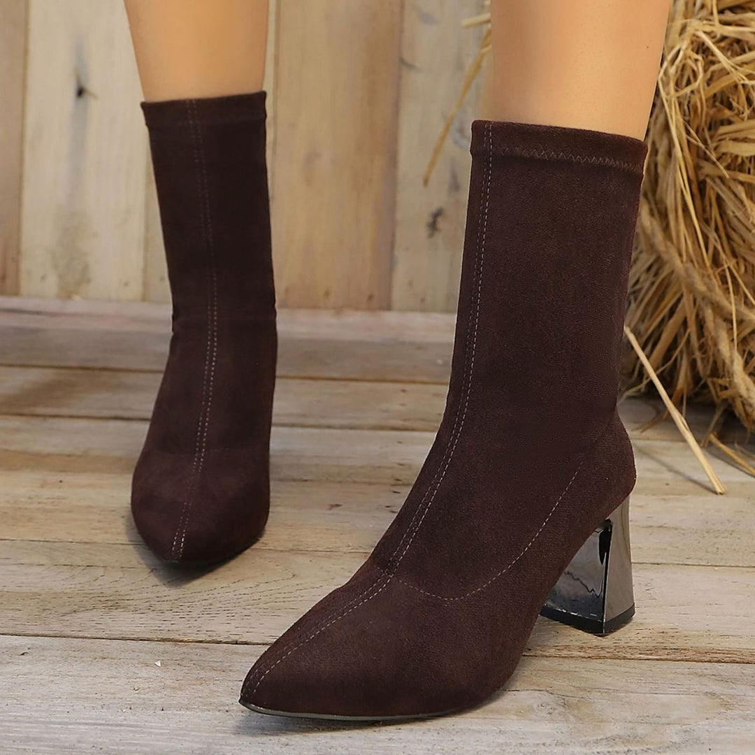 Women's Faux Suede Block Heel Sock Ankle Boots - Dark Brown