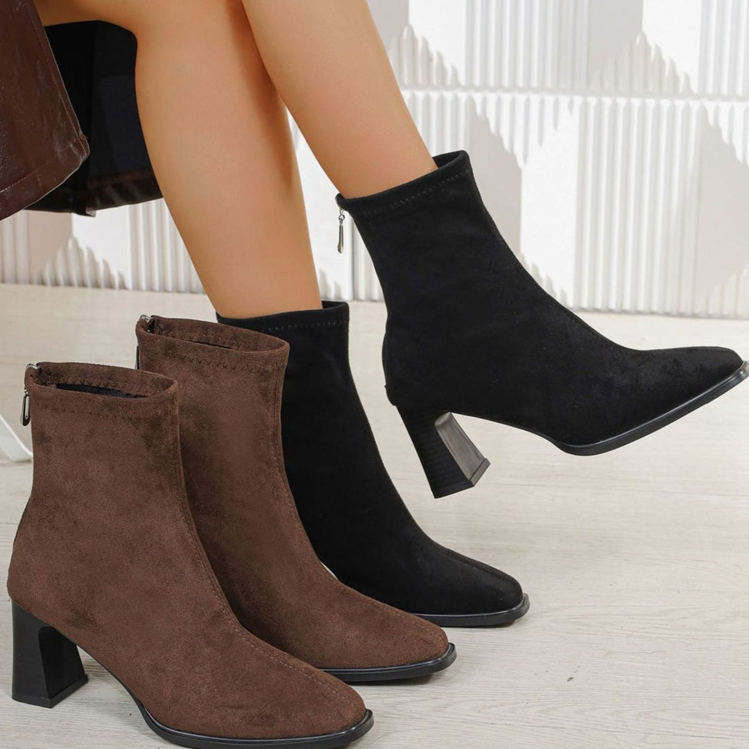 Women's Faux Suede Block Heel Zip-Up Ankle Boots, Black