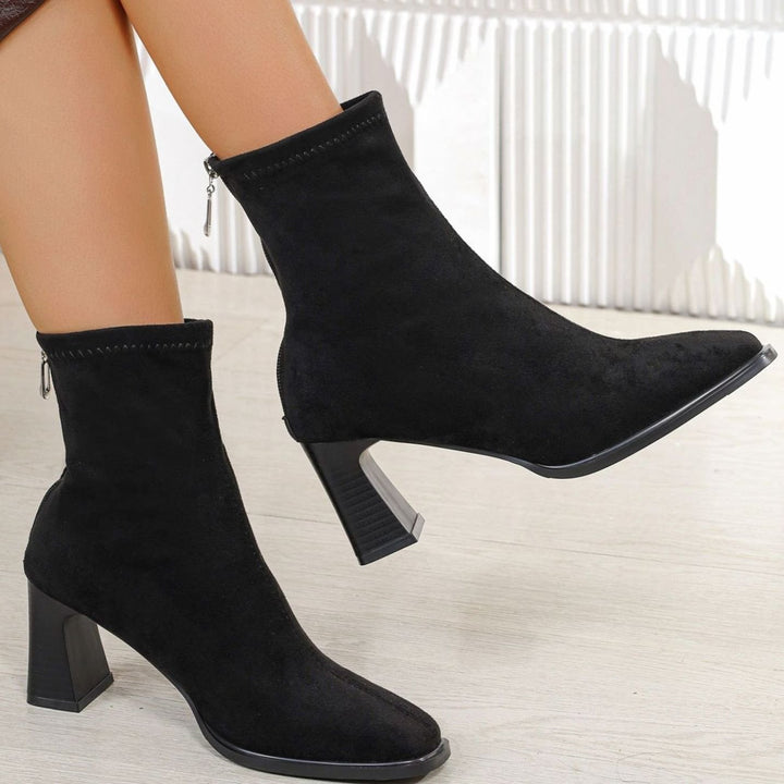 Women's Faux Suede Block Heel Zip-Up Ankle Boots, Black