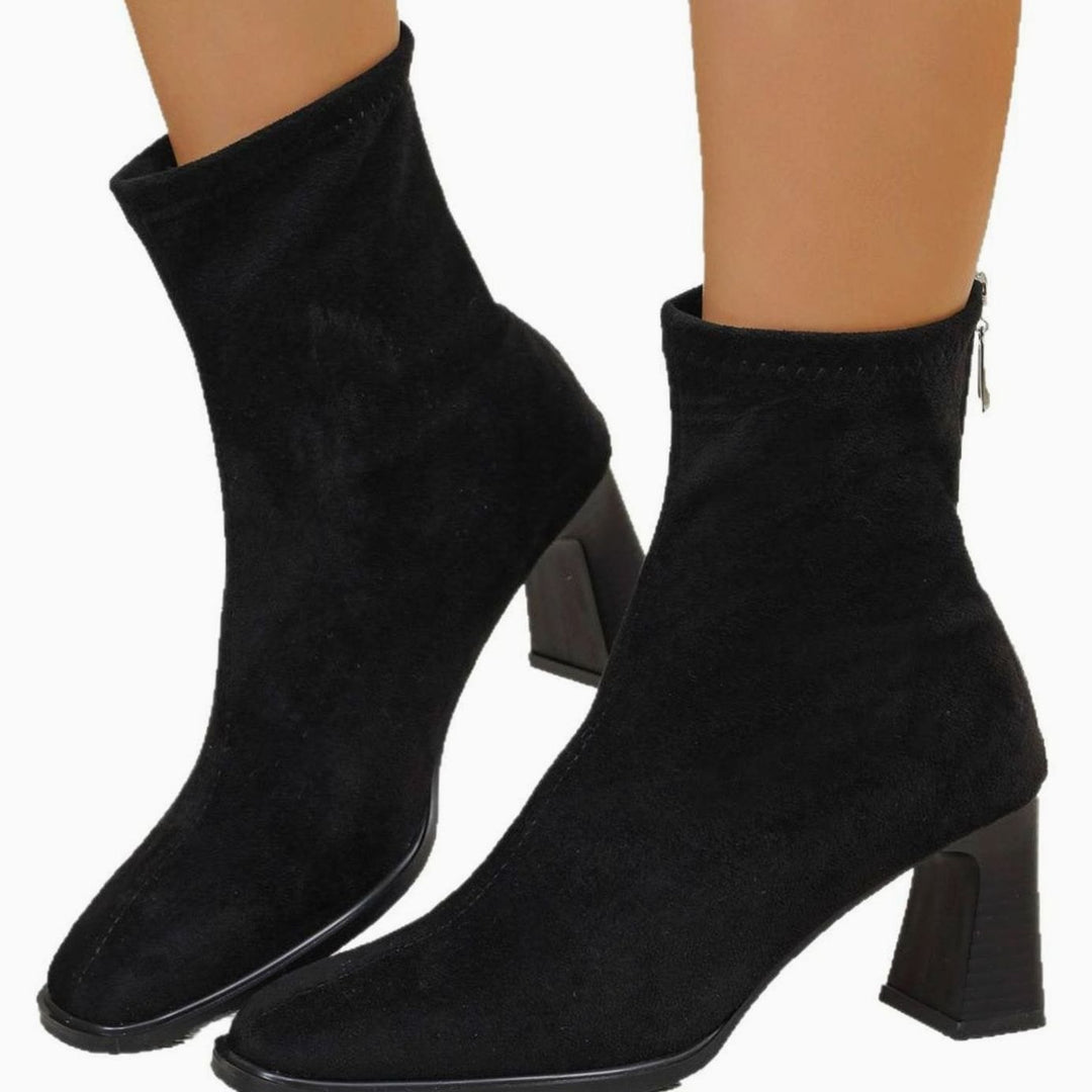 Women's Faux Suede Block Heel Zip-Up Ankle Boots, Black