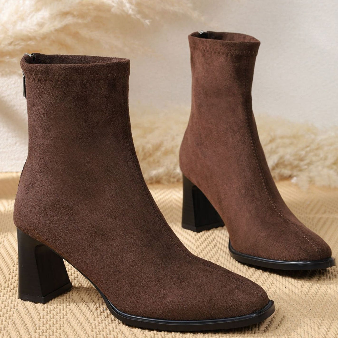 Women's Faux Suede Block Heel Zip-Up Ankle Boots, Black - Coffee