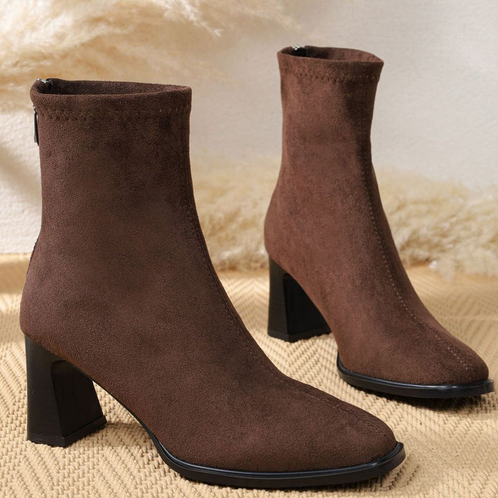 Women's Faux Suede Block Heel Zip-Up Ankle Boots, Black - Coffee