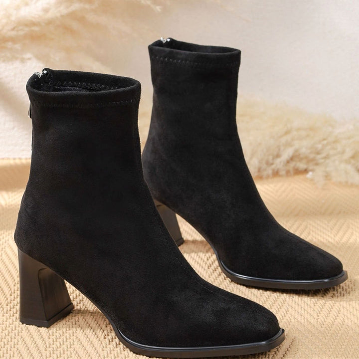 Women's Faux Suede Block Heel Zip-Up Ankle Boots, Black - Black