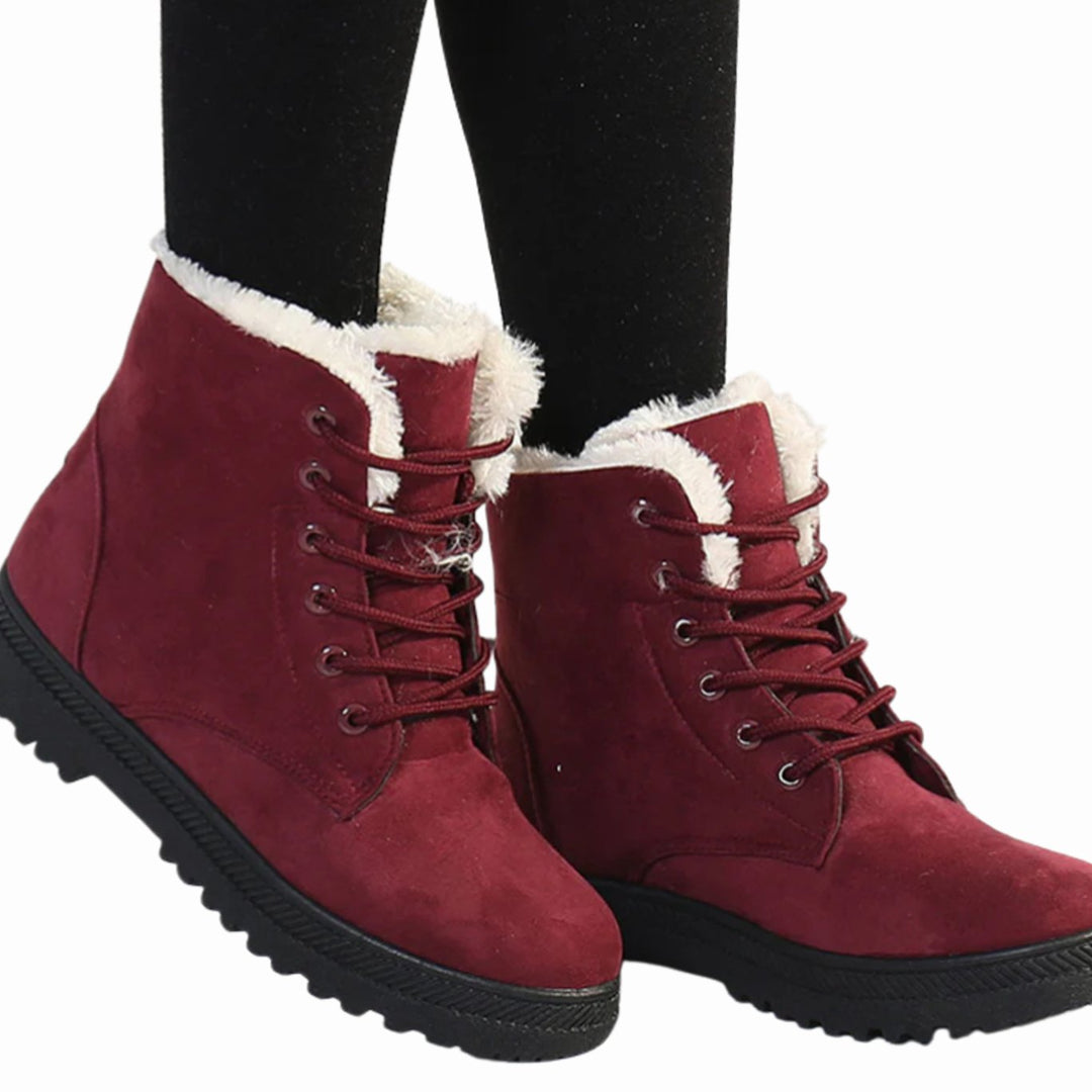 Women's Faux Suede Fur-Lined Lace-Up Ankle Boots - Red