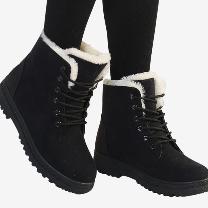 Women's Faux Suede Fur-Lined Lace-Up Ankle Boots - Black