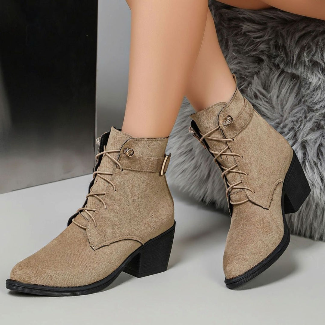 Women's Faux Suede Lace-Up Block Heel Ankle Boots