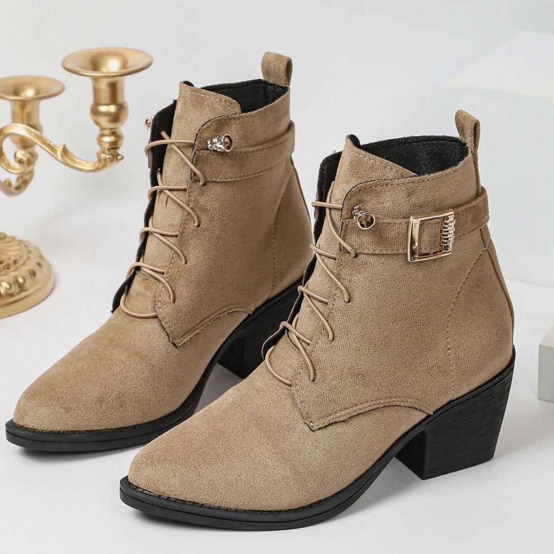 Women's Faux Suede Lace-Up Block Heel Ankle Boots - Khaki