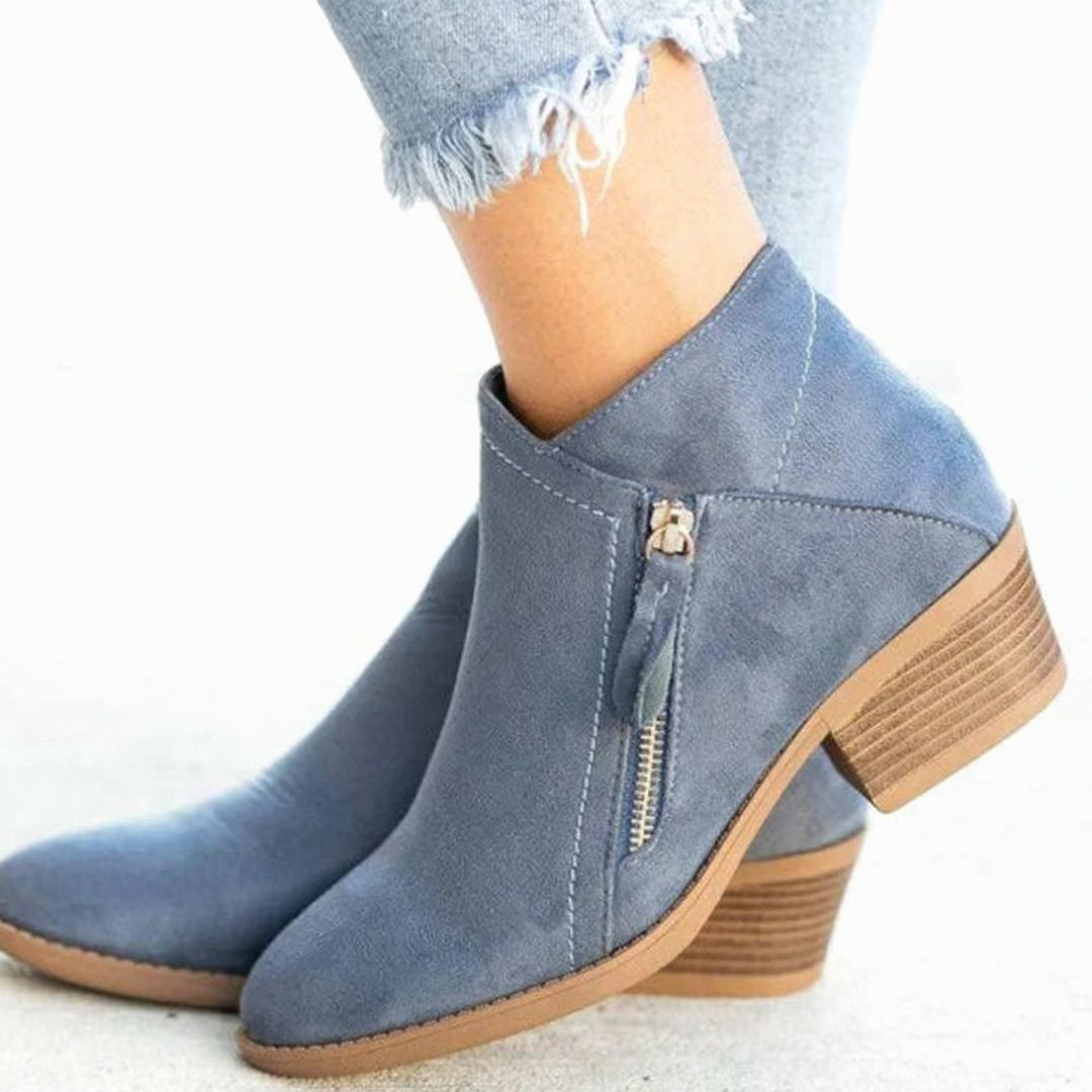 Women's Faux Suede Low-Heel Side-Zip Ankle Boots - Blue
