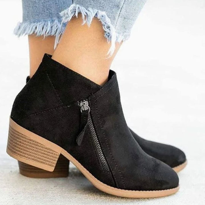 Women's Faux Suede Low-Heel Side-Zip Ankle Boots - Black