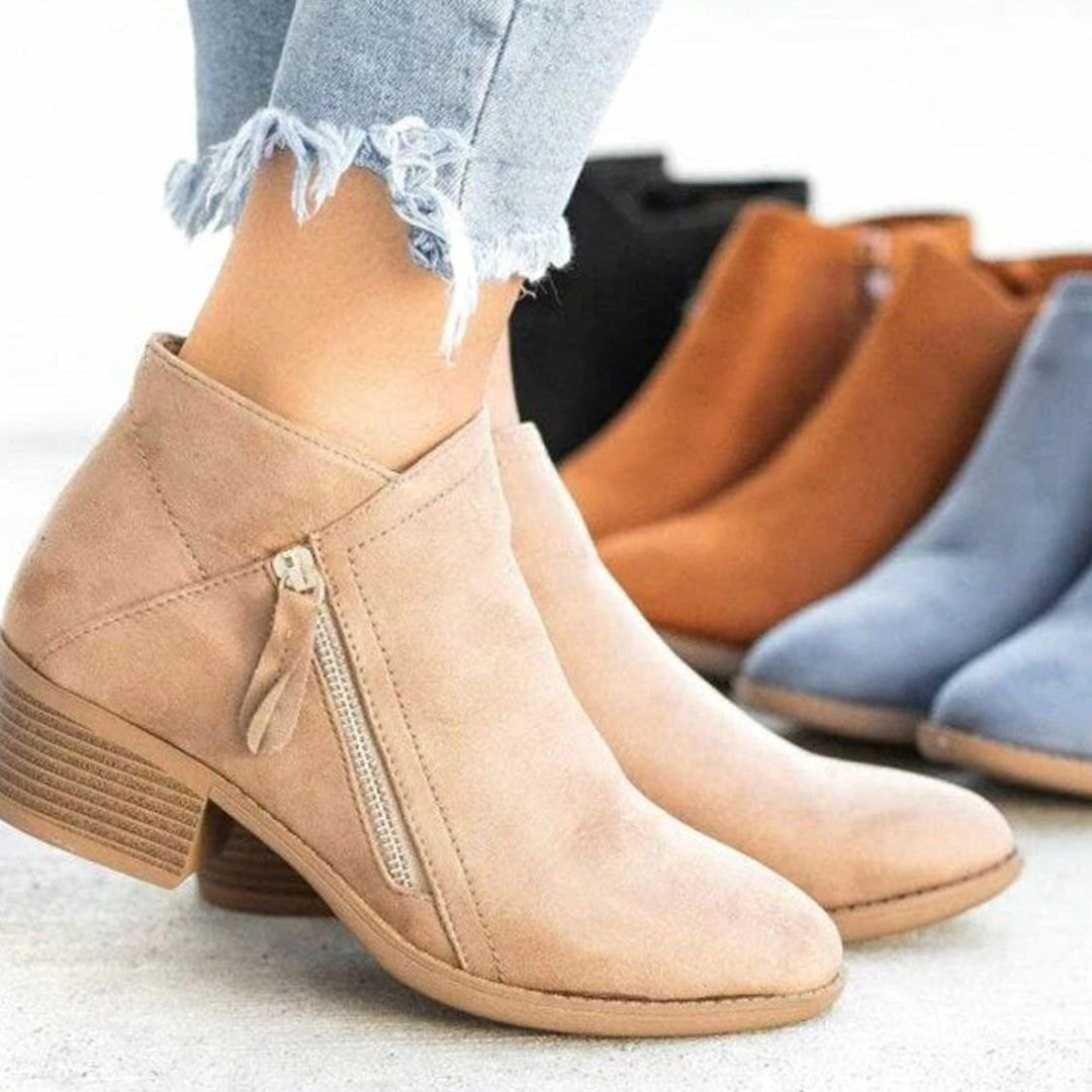 Women's Faux Suede Low-Heel Side-Zip Ankle Boots - Beige