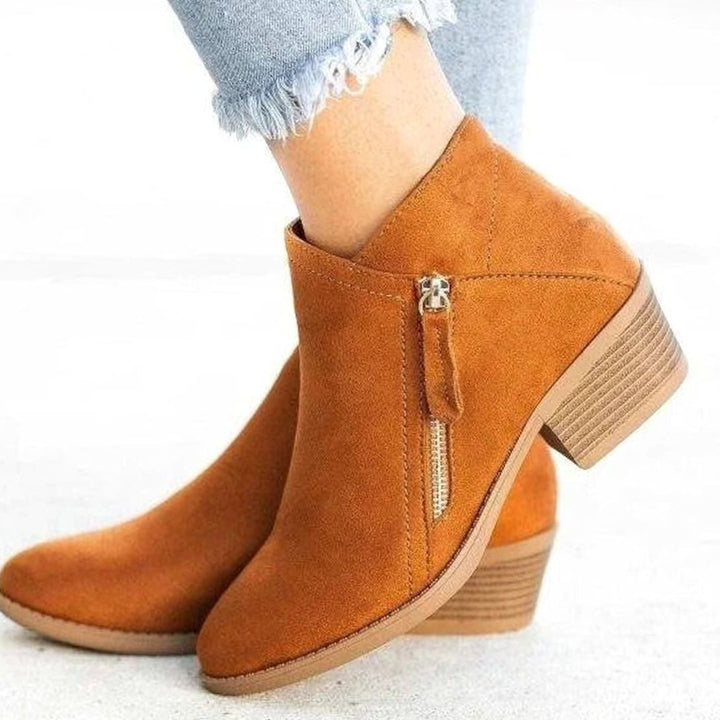 Women's Faux Suede Low-Heel Side-Zip Ankle Boots - Orange