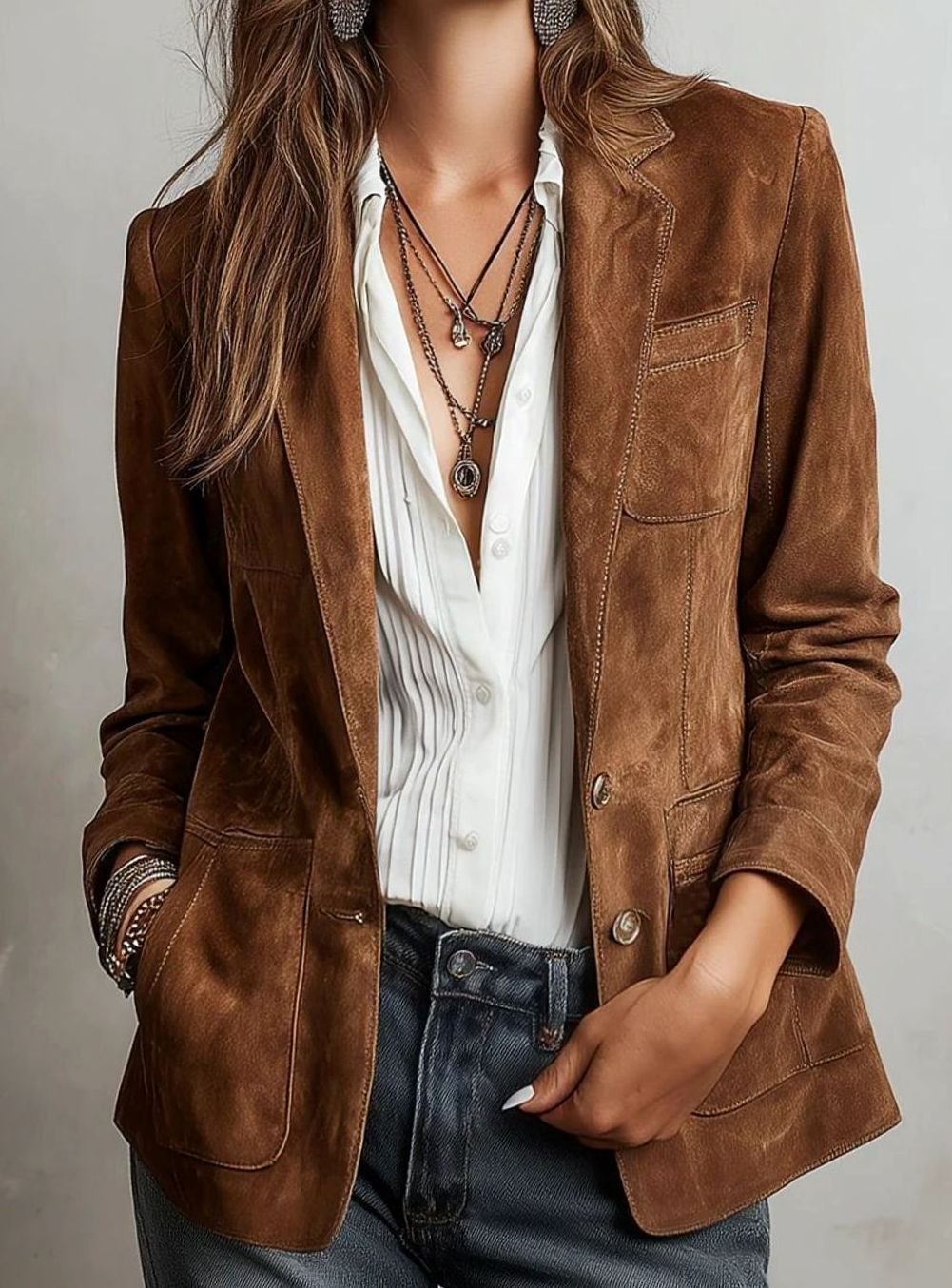 Women's Faux Suede Tailored Single-Breasted Hip-Length Blazer