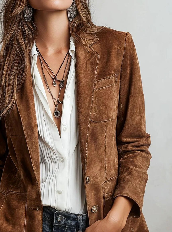 Women's Faux Suede Tailored Single-Breasted Hip-Length Blazer - Brown
