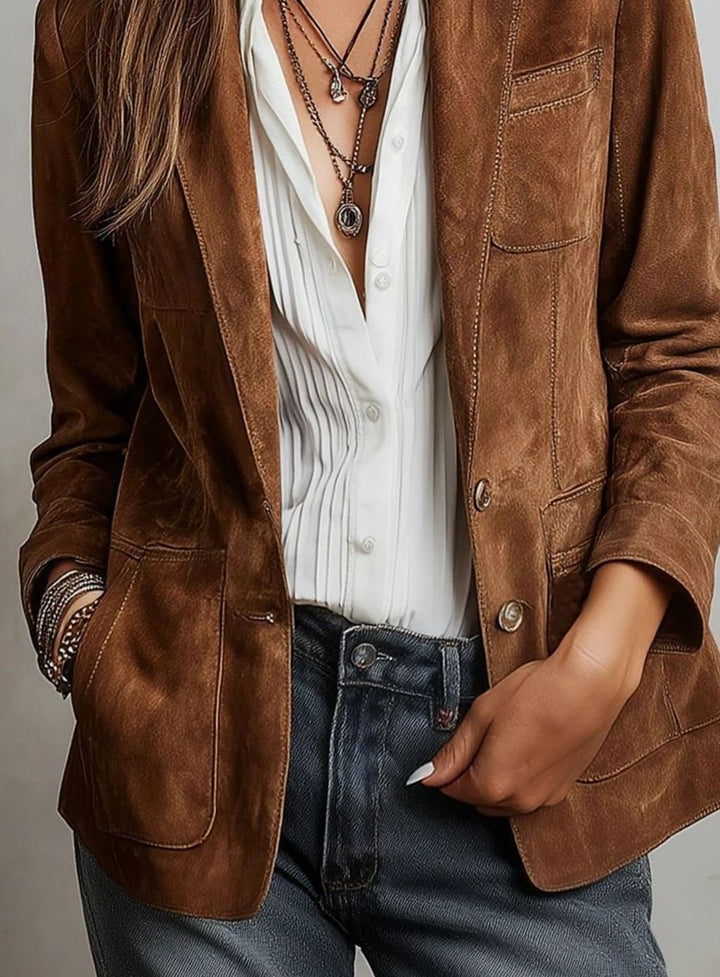 Women's Faux Suede Tailored Single-Breasted Hip-Length Blazer