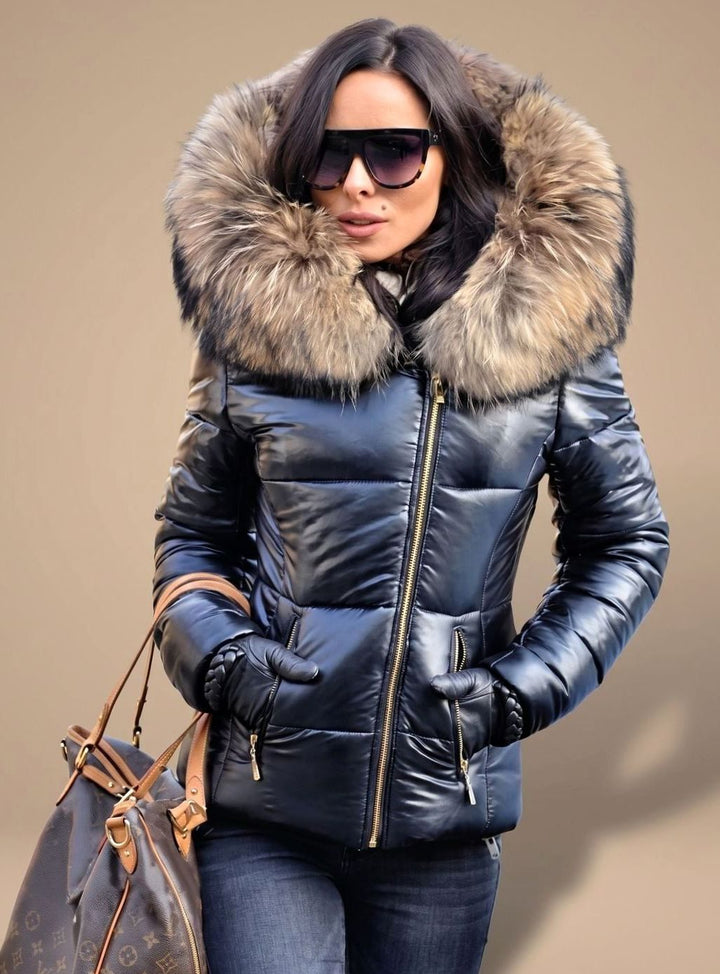 Women's Fitted Puffer Coat Faux Fur Hood Quilted Zip-Front Jacket - Black
