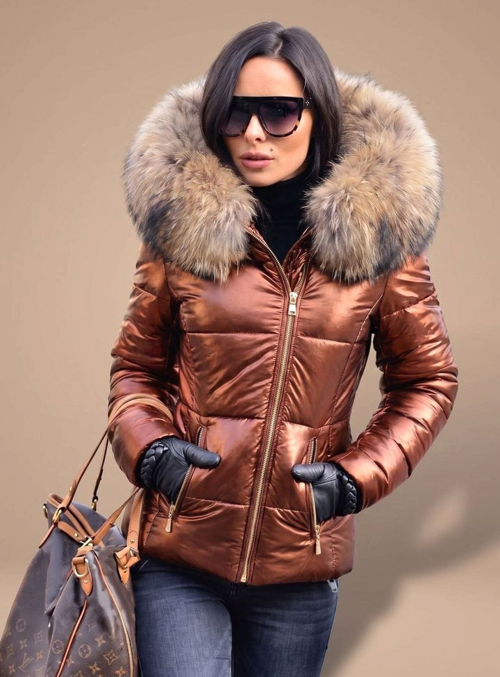 Women's Fitted Puffer Coat Faux Fur Hood Quilted Zip-Front Jacket - Dark Brown