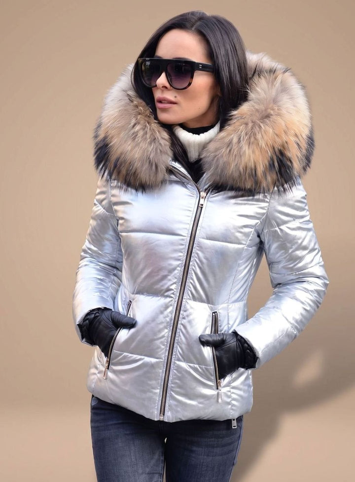 Women's Fitted Puffer Coat Faux Fur Hood Quilted Zip-Front Jacket - White