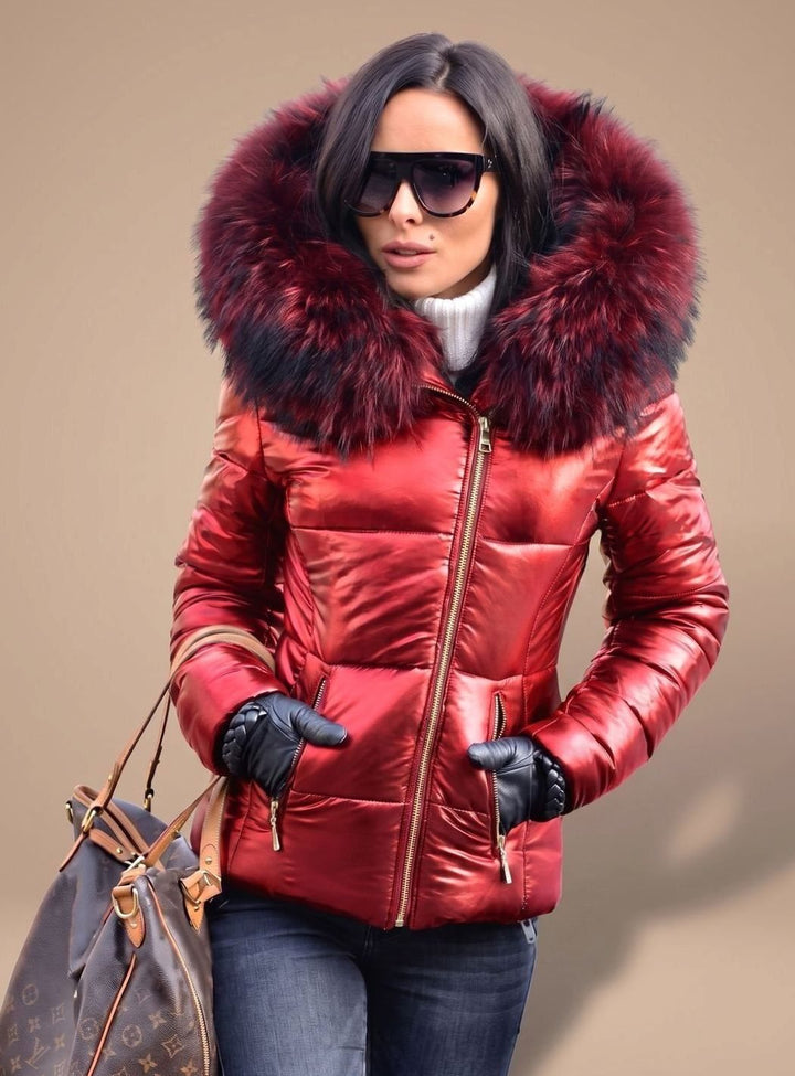 Women's Fitted Puffer Coat Faux Fur Hood Quilted Zip-Front Jacket - Red
