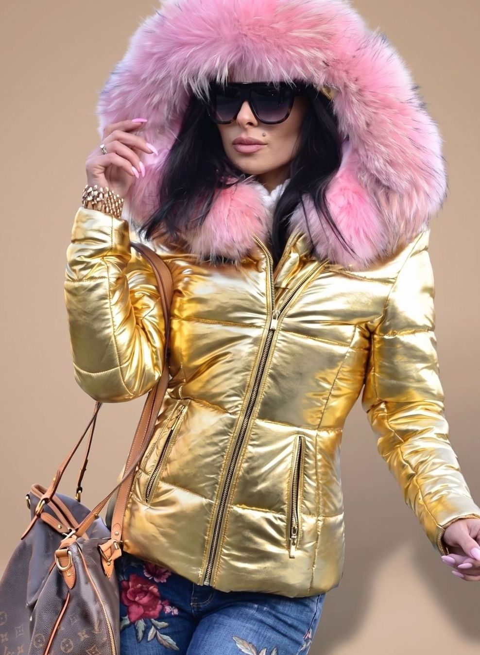 Women's Fitted Puffer Coat Faux Fur Hood Quilted Zip-Front Jacket - Gold