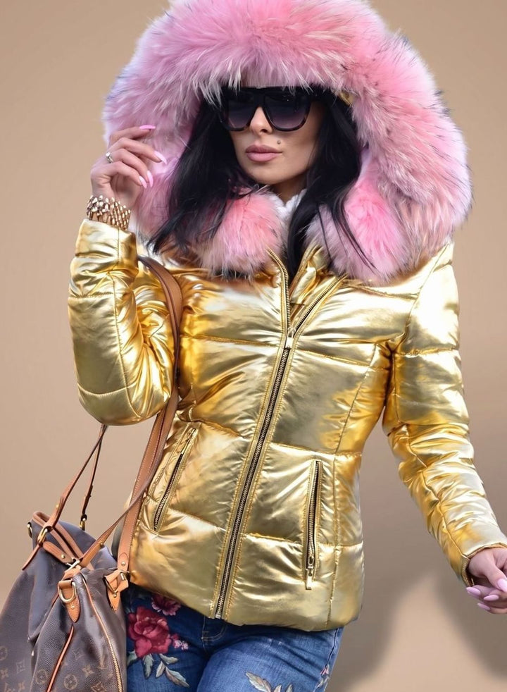 Women's Fitted Puffer Coat Faux Fur Hood Quilted Zip-Front Jacket - Gold