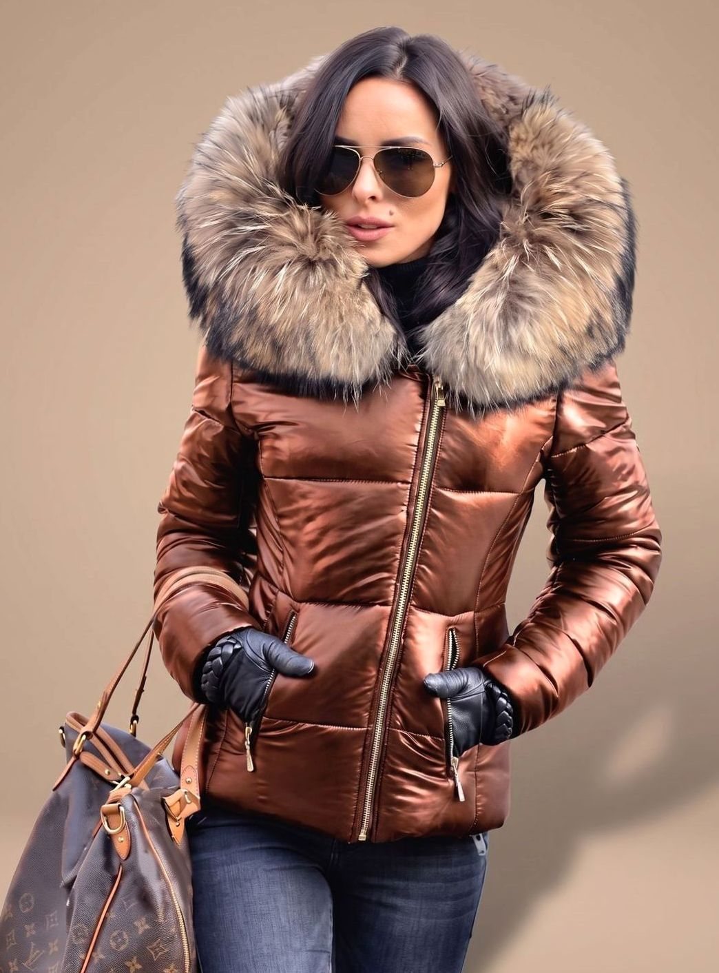 Women's Fitted Puffer Coat Faux Fur Hood Quilted Zip-Front Jacket