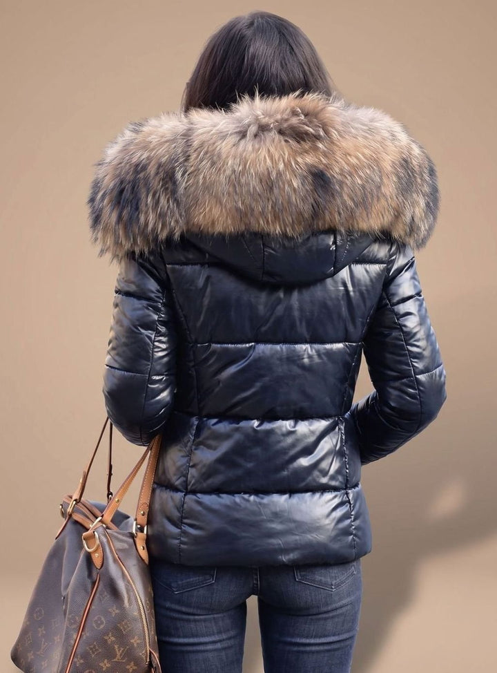 Women's Fitted Puffer Coat Faux Fur Hood Quilted Zip-Front Jacket