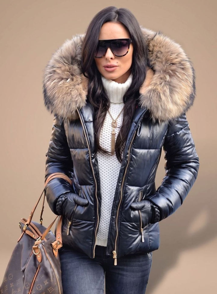 Women's Fitted Puffer Coat Faux Fur Hood Quilted Zip-Front Jacket
