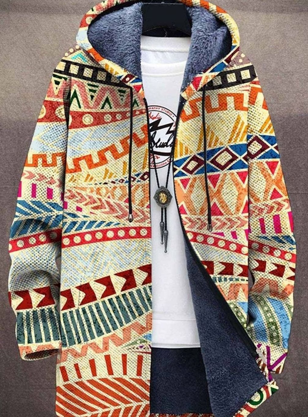 Women's Fleece-Lined Hooded Aztec Print Zip-Up Cardigan - Multicolour