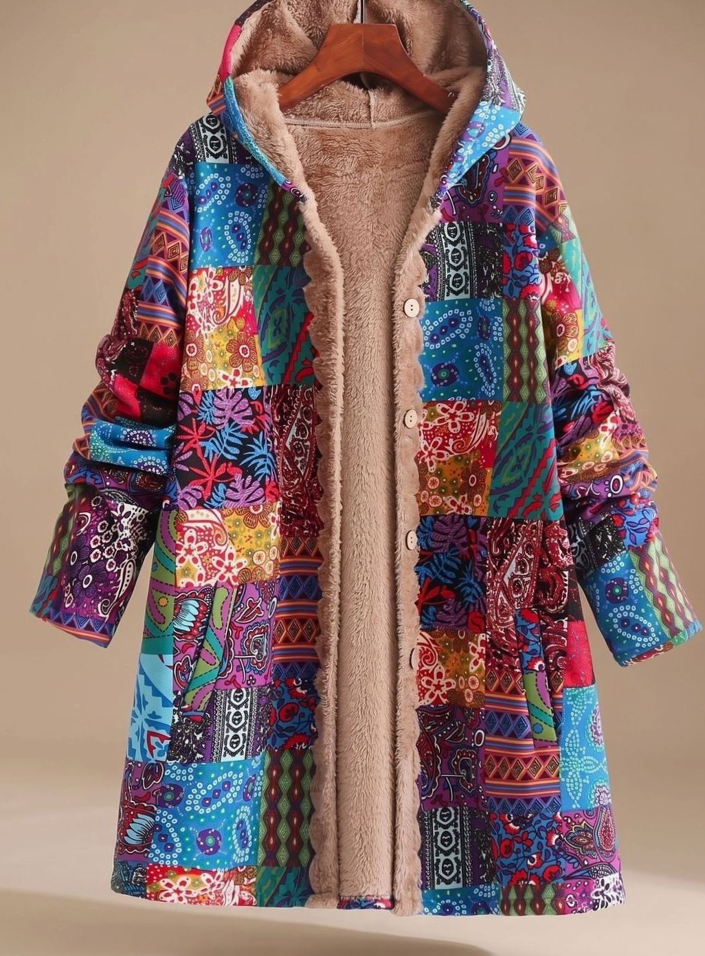 Women's Fleece-Lined Hooded Boho Patchwork Relaxed-Fit Coat - Blue