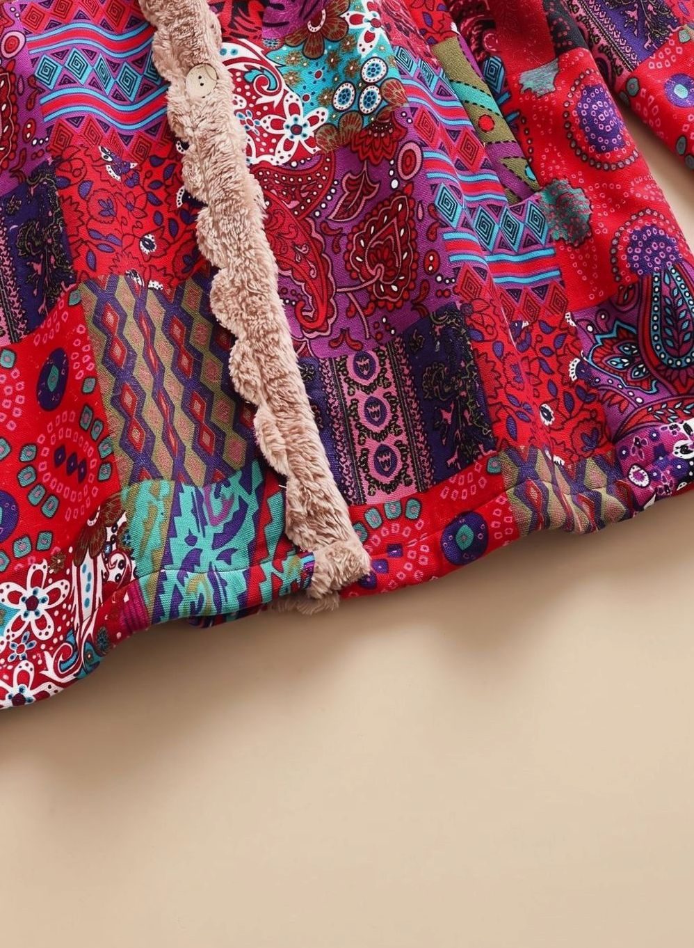 Women's Fleece-Lined Hooded Boho Patchwork Relaxed-Fit Coat