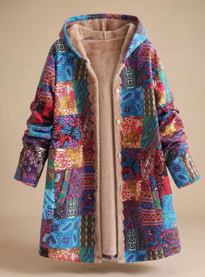 Women's Fleece-Lined Hooded Boho Patchwork Relaxed-Fit Coat