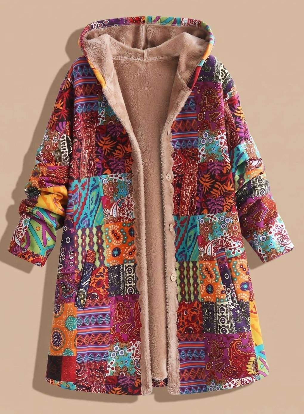 Women's Fleece-Lined Hooded Boho Patchwork Relaxed-Fit Coat