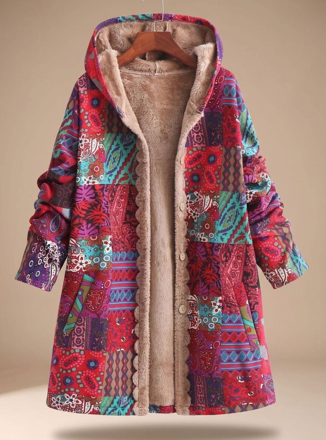 Women's Fleece-Lined Hooded Boho Patchwork Relaxed-Fit Coat